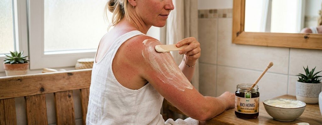 Natürliche Hilfe bei Sonnenbrand: Frisch angerührte Honig-Quark-Maske zur Beruhigung sonnengereizter Haut.